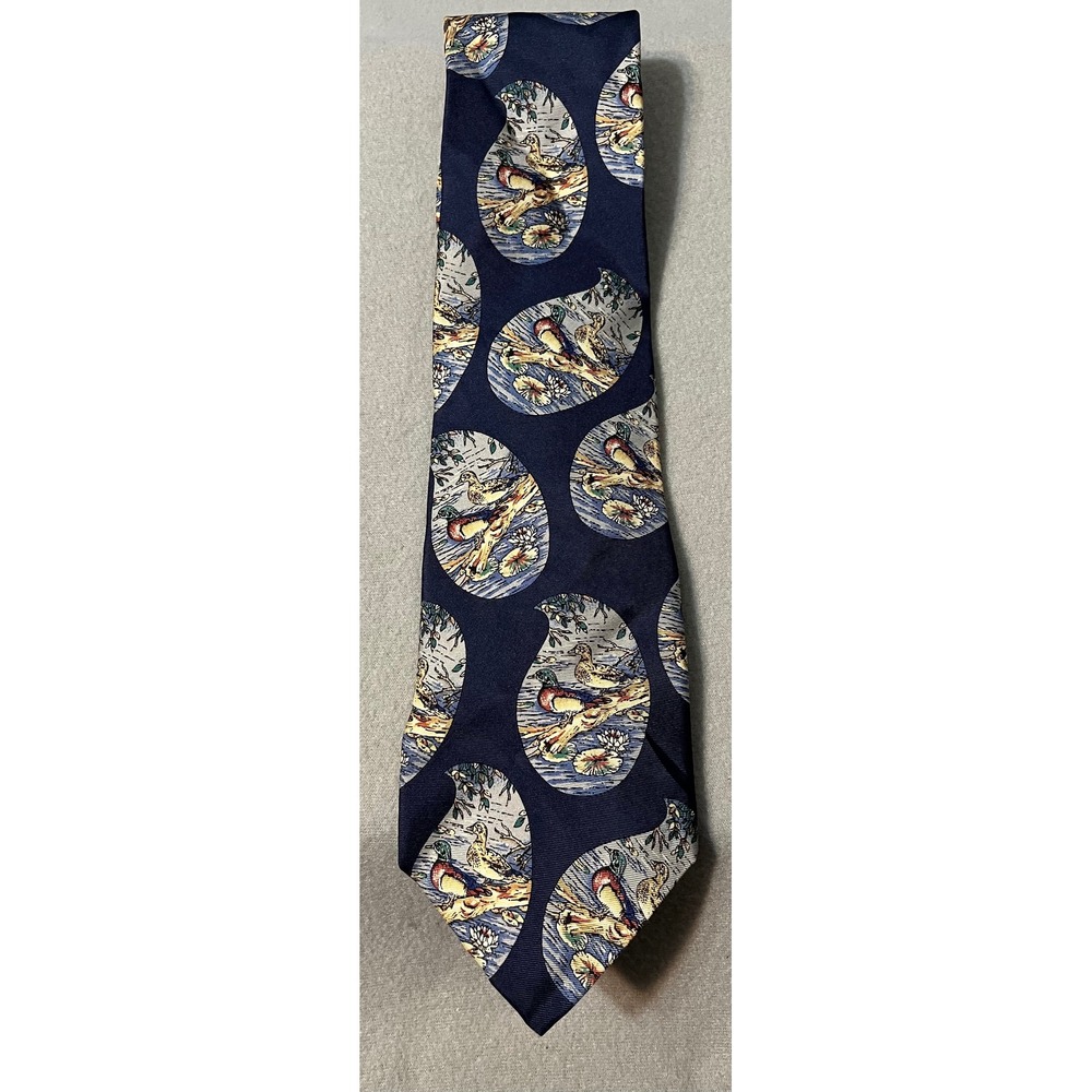 Ducks Unlimited‎ Navy Blue Silk Tie Bird Duck Nature Print Men's Necktie
